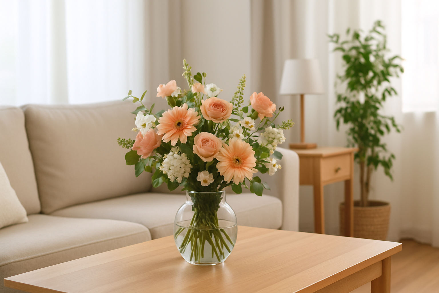 Arranjo de flores em uma sala de estar decorada com tons neutros e iluminação natural.